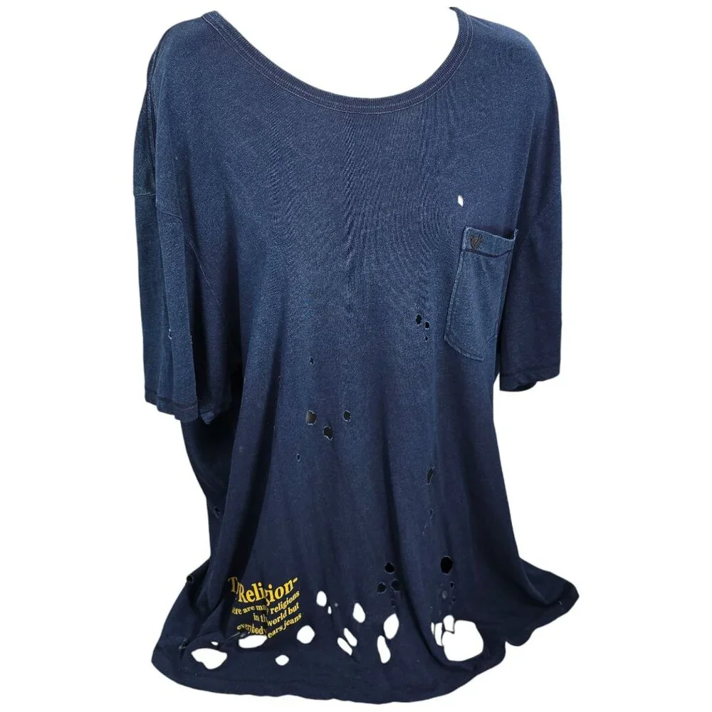 True Religion XXL Distressed Unisex Navy T-Shirt Skull Snake Roses Single Stitch